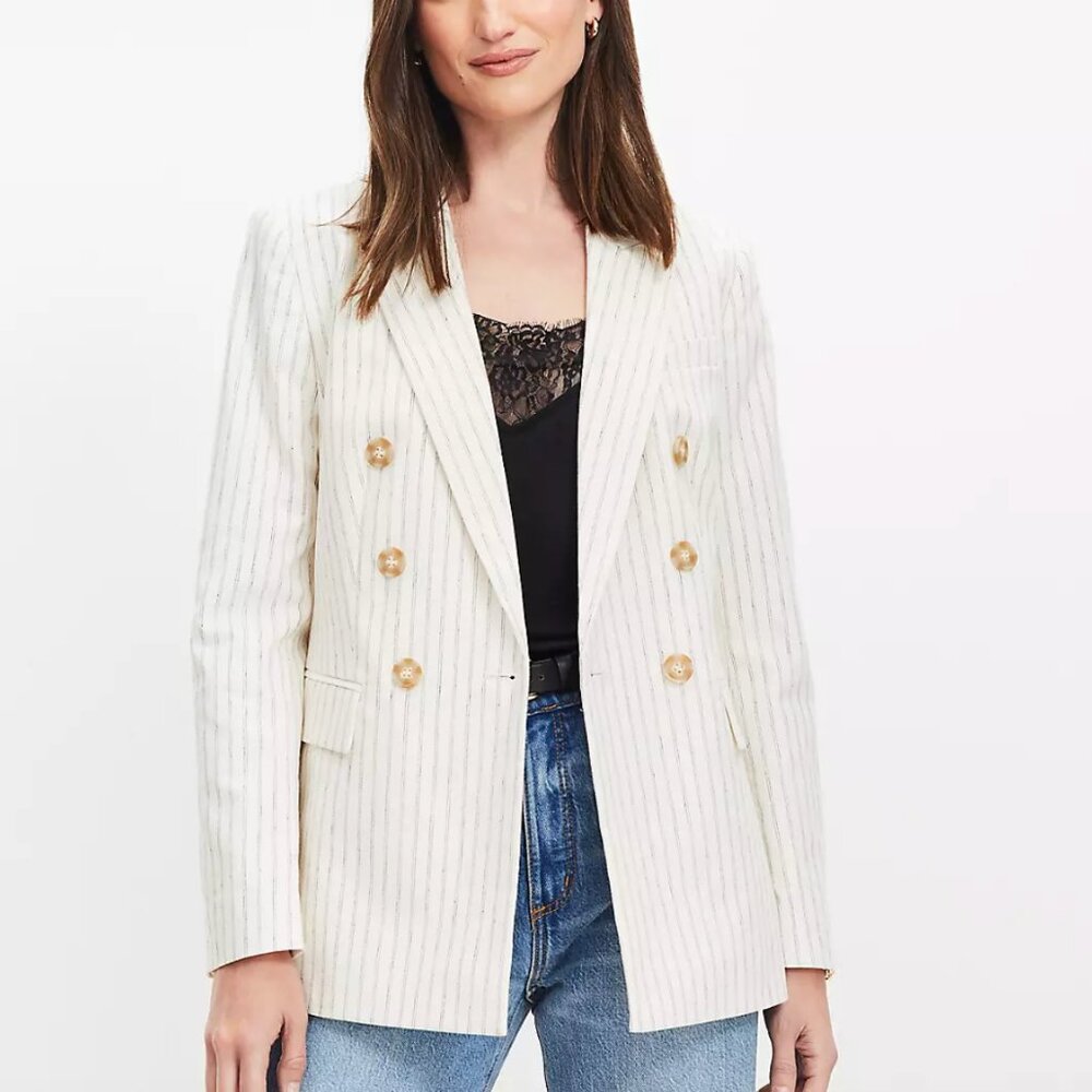Loft Striped Cotton Linen Double Breasted Blazer in Whisper White NWT